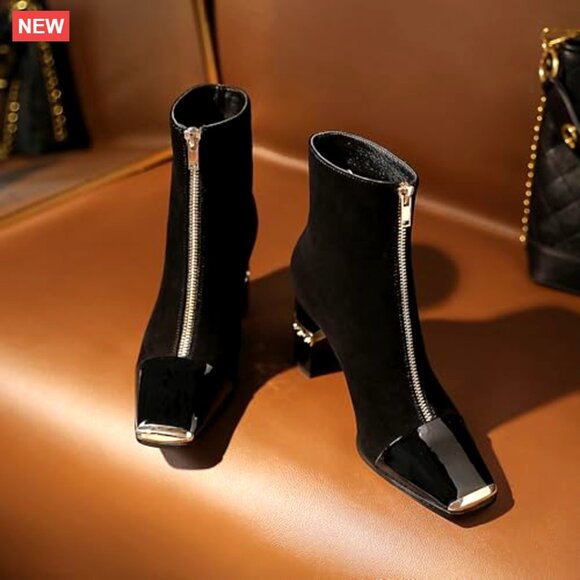 Women's Ankle Boots Chunky Heels Suede Metal Toe Zipper Dress Booties - Picture 5 of 6